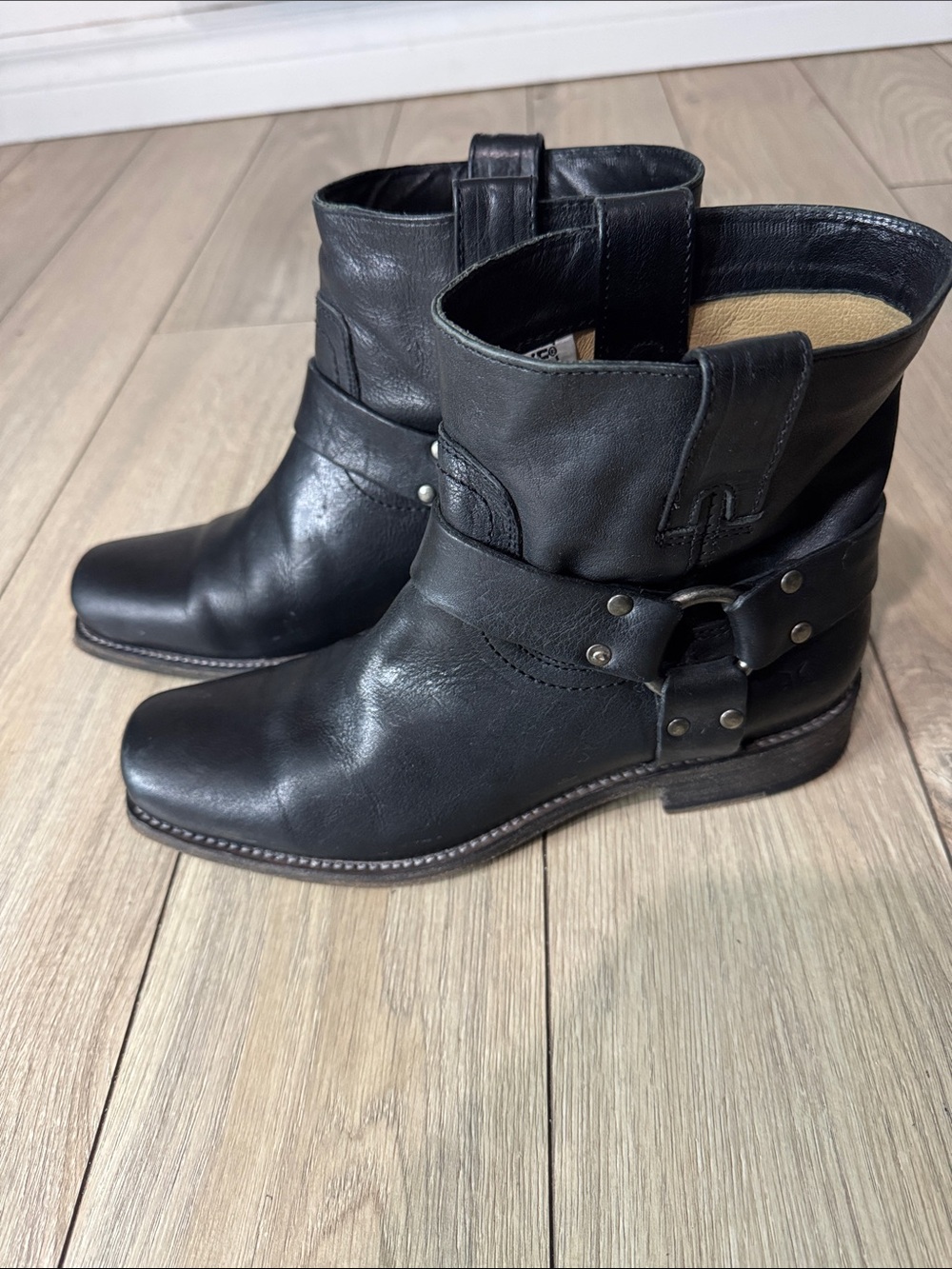 Frye Black Leather Harness Ankle Boots